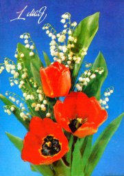 С праздником 1 мая, советская открытка, тюльпаны и колокольчики, 1991